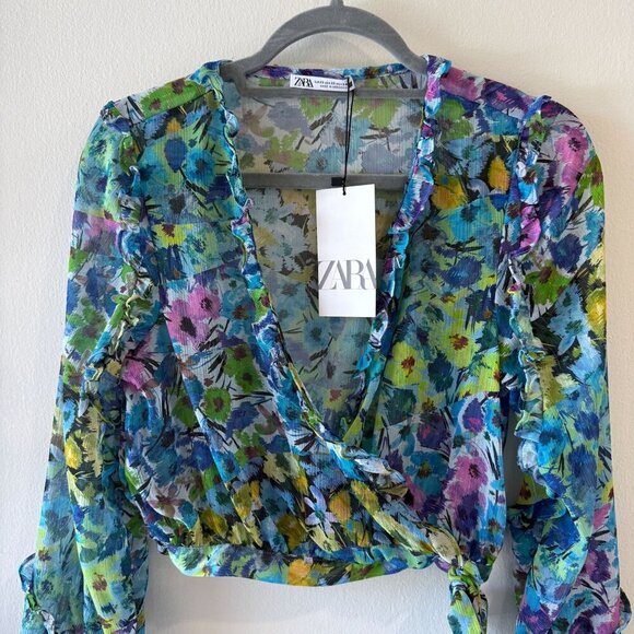Zara Size XS Floral Print Sheer Faux Wrap Top Long Sleeves Ruffle Trim - Picture 7 of 7